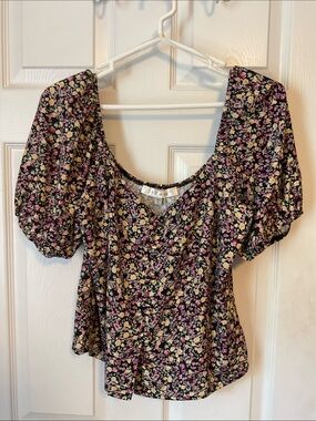 Row A Floral Cottagecore Women's Cropped Button Up Balloon Sleeves Top Size XL
